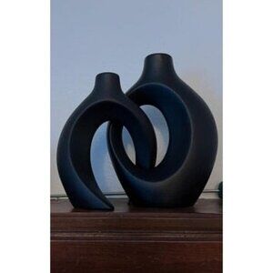 New XL Black Ceramic Vase Set of 2 for Modern Home Decor, Neutral Boho Round
